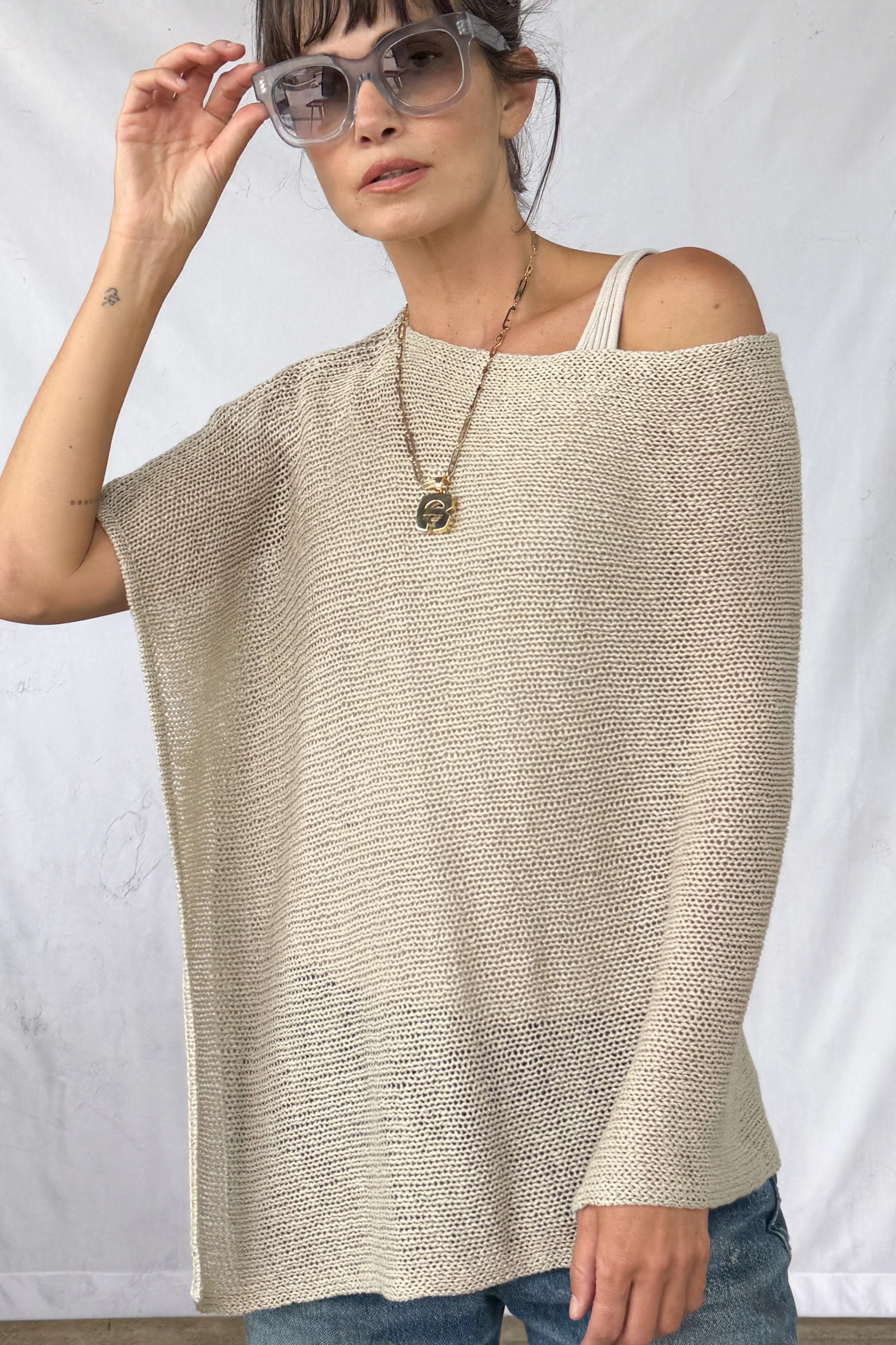 Linen Open Knit Poncho - Image 4