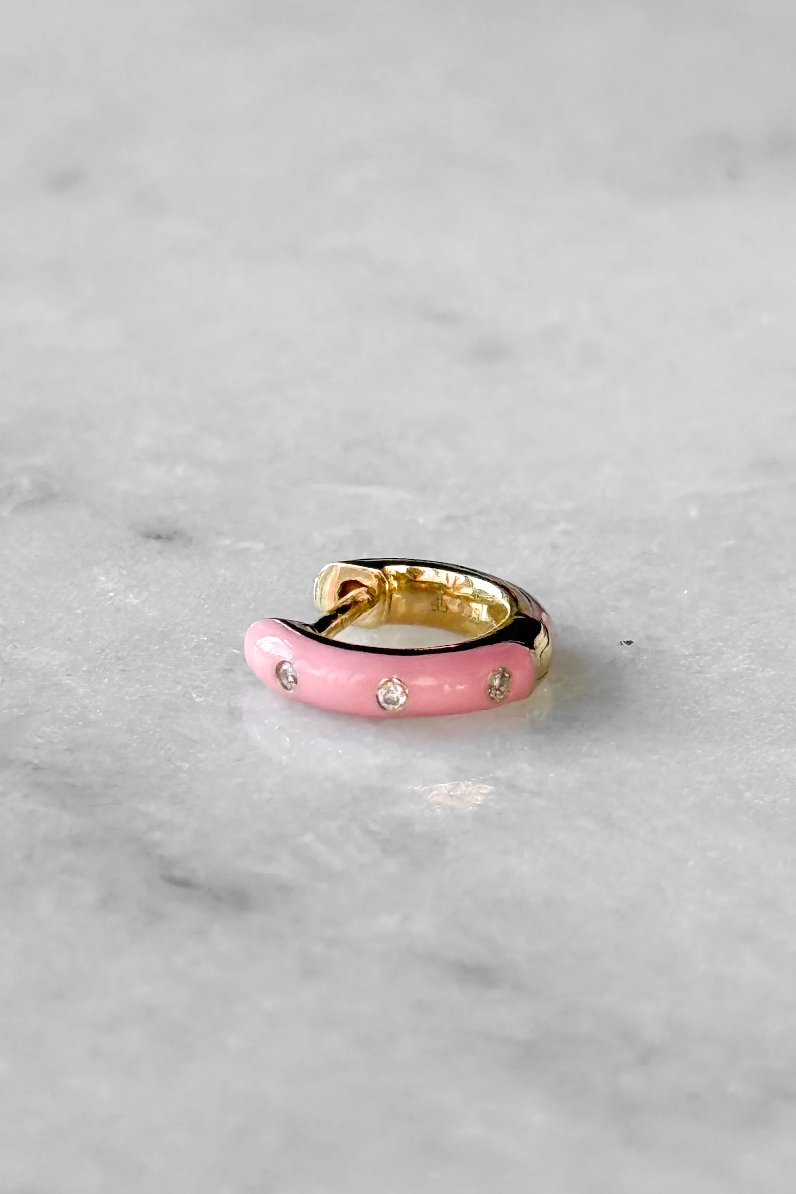 Triple Diamond & Pink Enamel Huggie Hoop Earring - Image 3