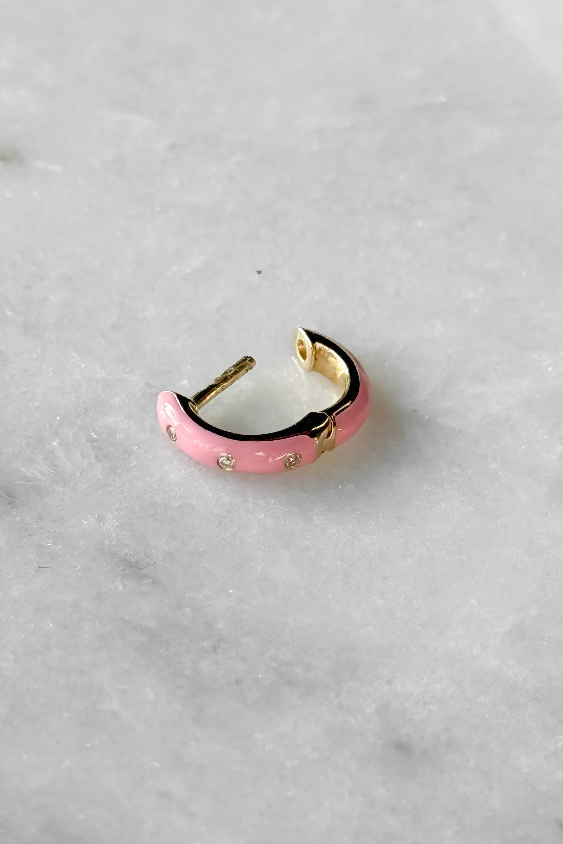 Triple Diamond & Pink Enamel Huggie Hoop Earring - Image 4