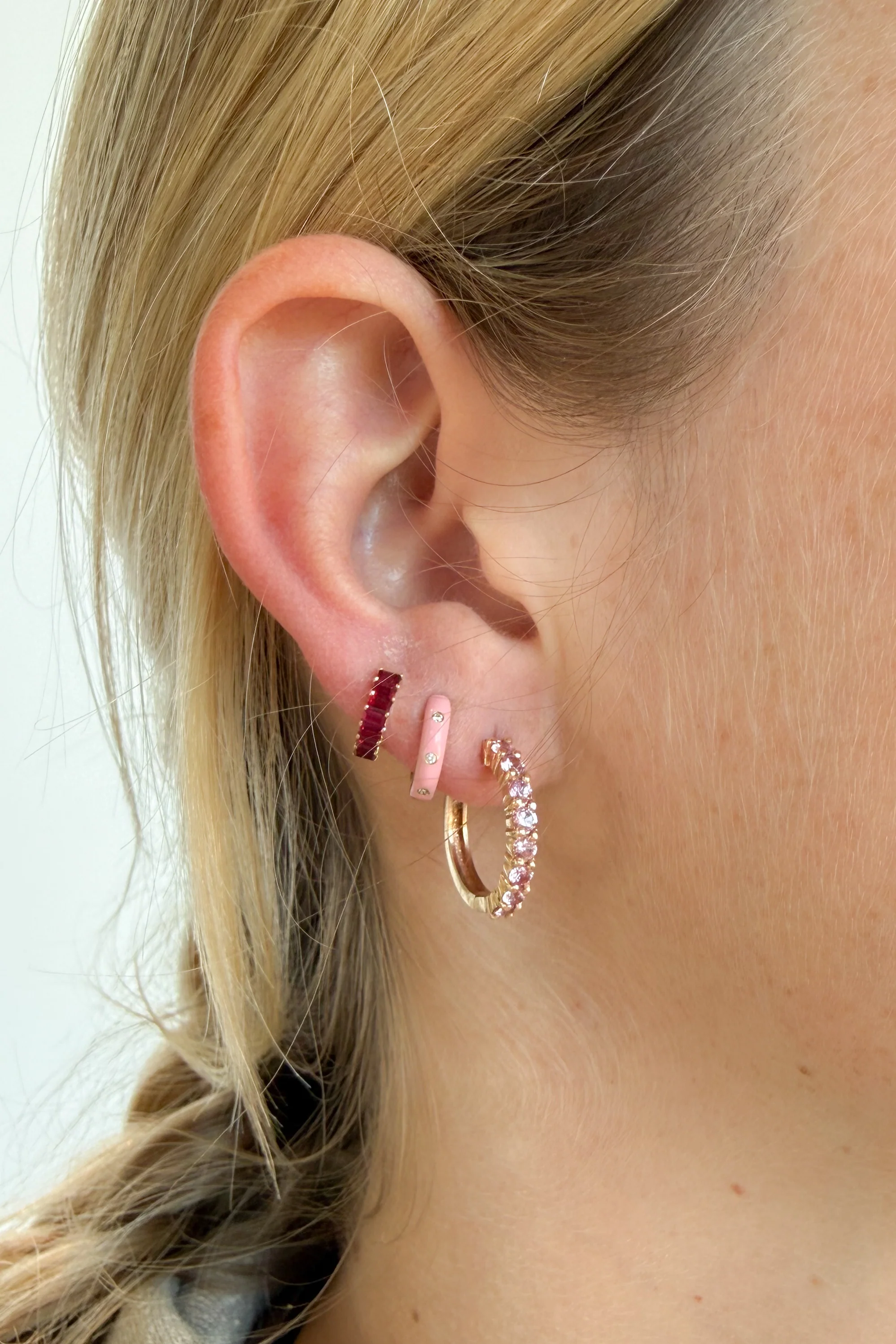 Triple Diamond & Pink Enamel Huggie Hoop Earring - Image 8