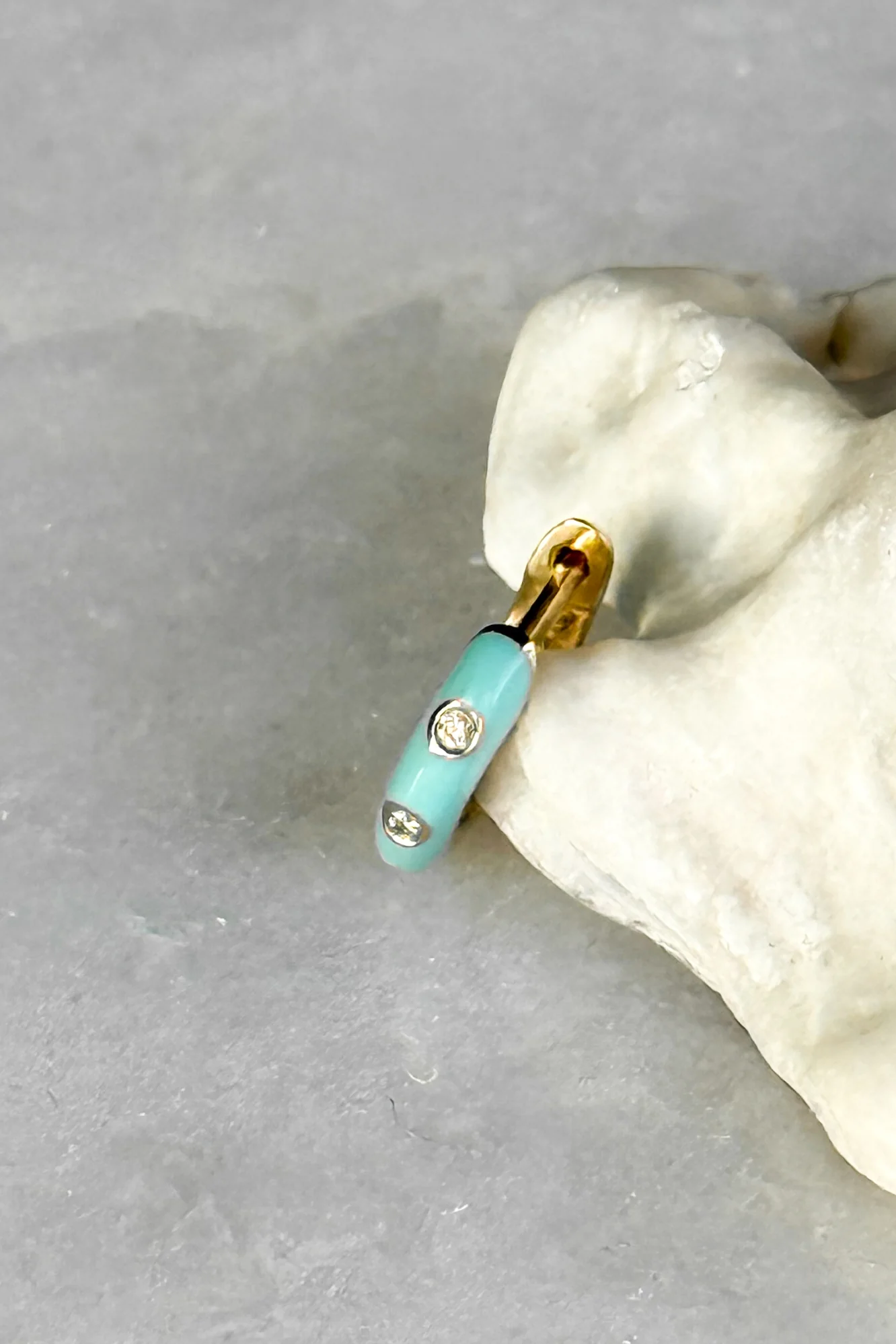 Triple Diamond & Turquoise Enamel Huggie Hoop Earring - Image 5